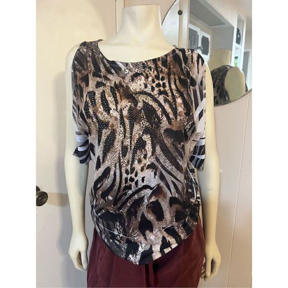 Cache Womens Medium Animal Print Top Black Tan Cold Shoulder 3/4 Sleeves Flowy - Picture 1 of 9